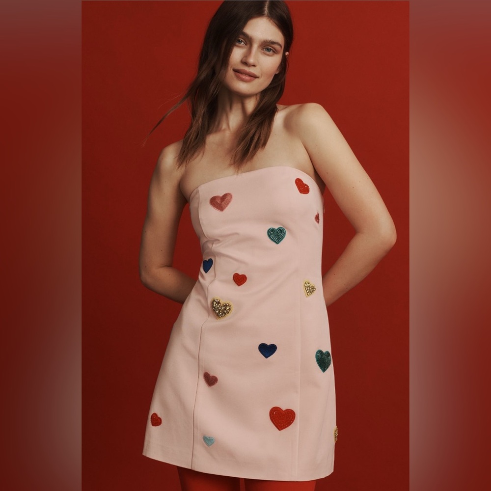 Anthropologie Mare Mare Strapless Heart-Embellished Mini Dress. NWT